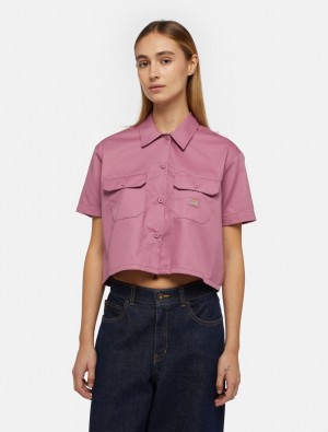 πουκαμισα γυναικεια Dickies Cropped Short Sleeve Work ροζ | 132331083